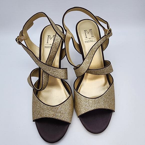 M by Marinelli Sparkle Gold Peep Toe Heels Size 8 Dark Brown Strappy Cocktail - Picture 1 of 10
